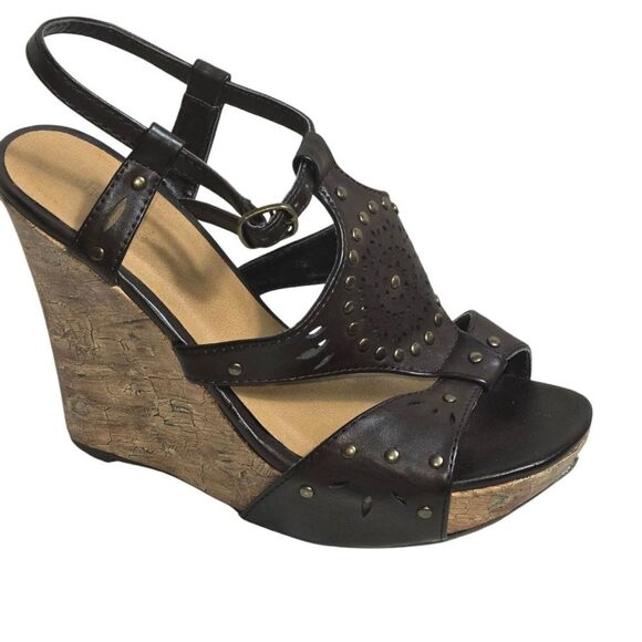 Charlotte Russe Brown Faux Leatger Wedge Sandals - Picture 1 of 7